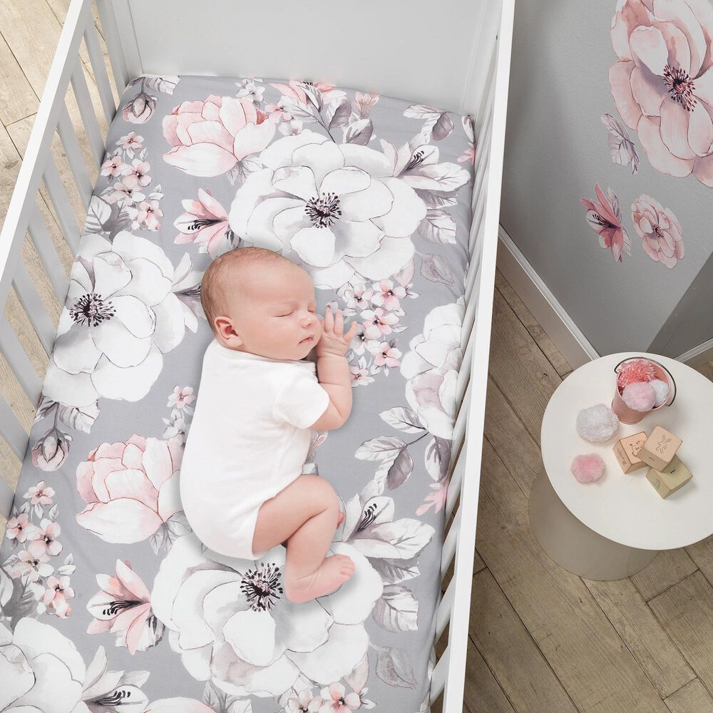 Lambs &amp; Ivy Watercolor Floral Cotton Crib Sheet Grey, Pink and White, , large