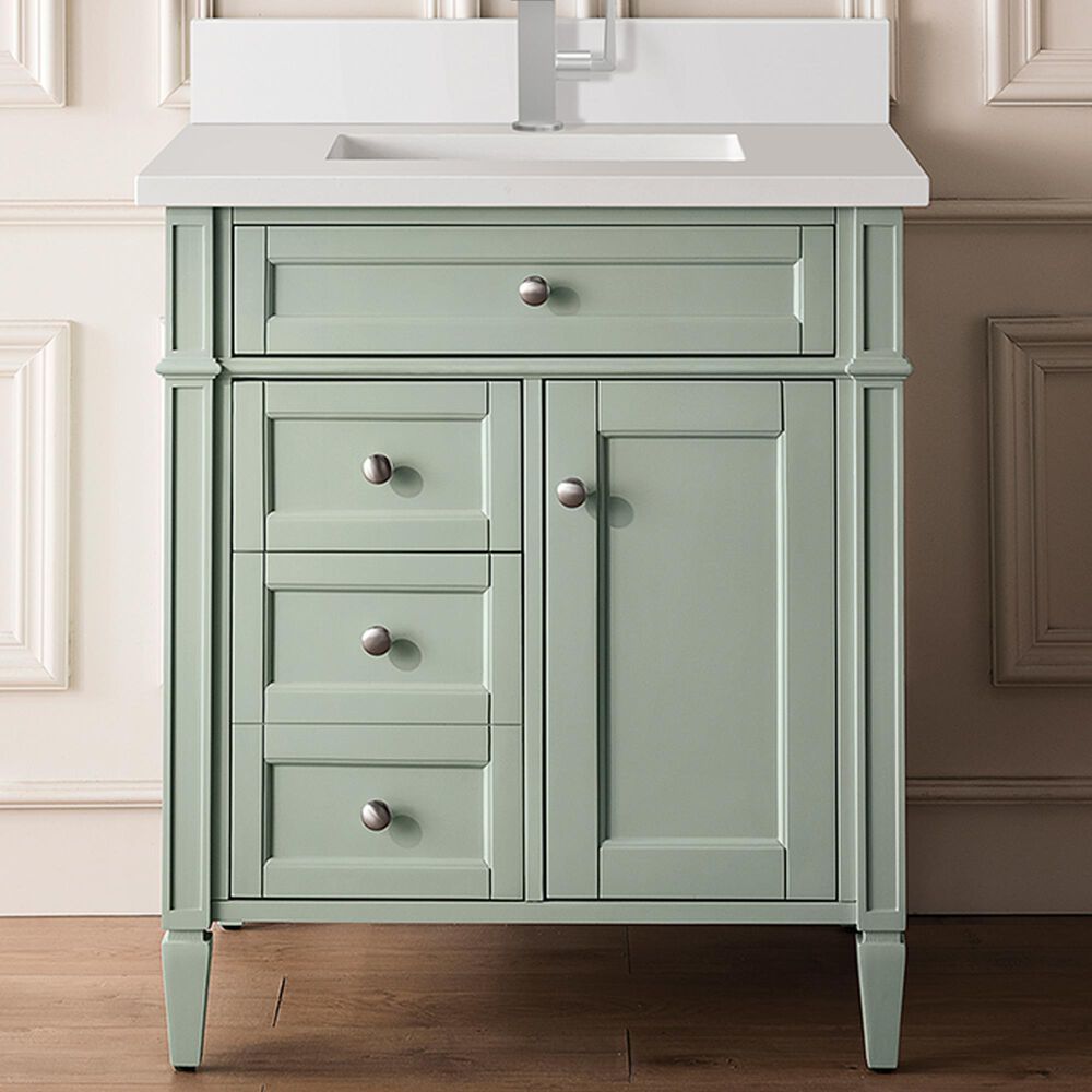James Martin Vanities Brittany 30" Single Bathroom Vanity in Sage Green with Single Hole 3 cm White Zeus Quartz Top and Rectangular Sink, , large