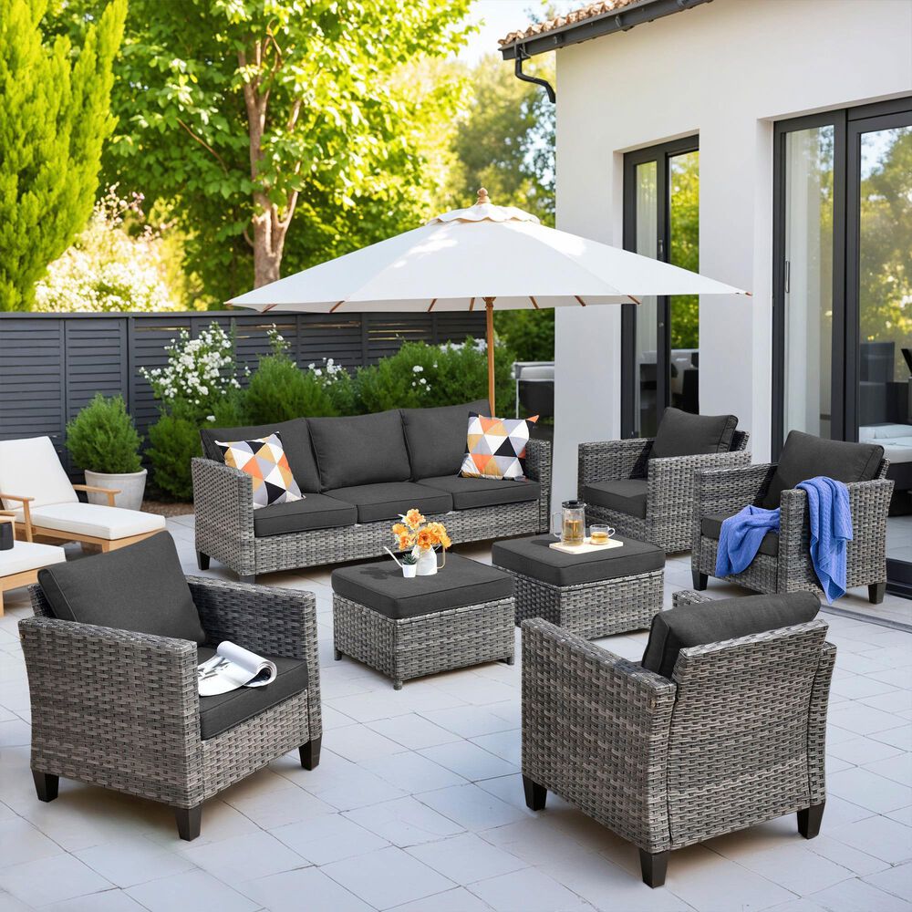 HOMLUX 7-Piece Rattan Sectional Set w/ Sofa + Footrests + Chairs, Black, , large
