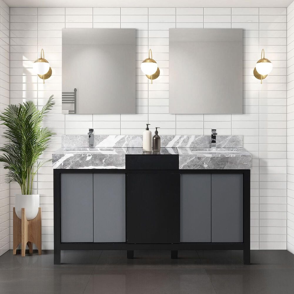 Lexora Home Zilara 60&quot; Double Bathroom Vanity in Black and Grey with 11 cm Castle Grey Marble Top and Rectangular Sinks, , large