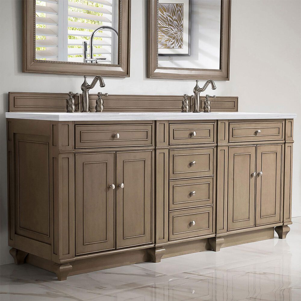 James Martin Vanities Bristol 72&quot; Double Bathroom Vanity in Whitewashed Walnut with 3 cm Carrara White Marble Top and Rectangular Sinks, , large