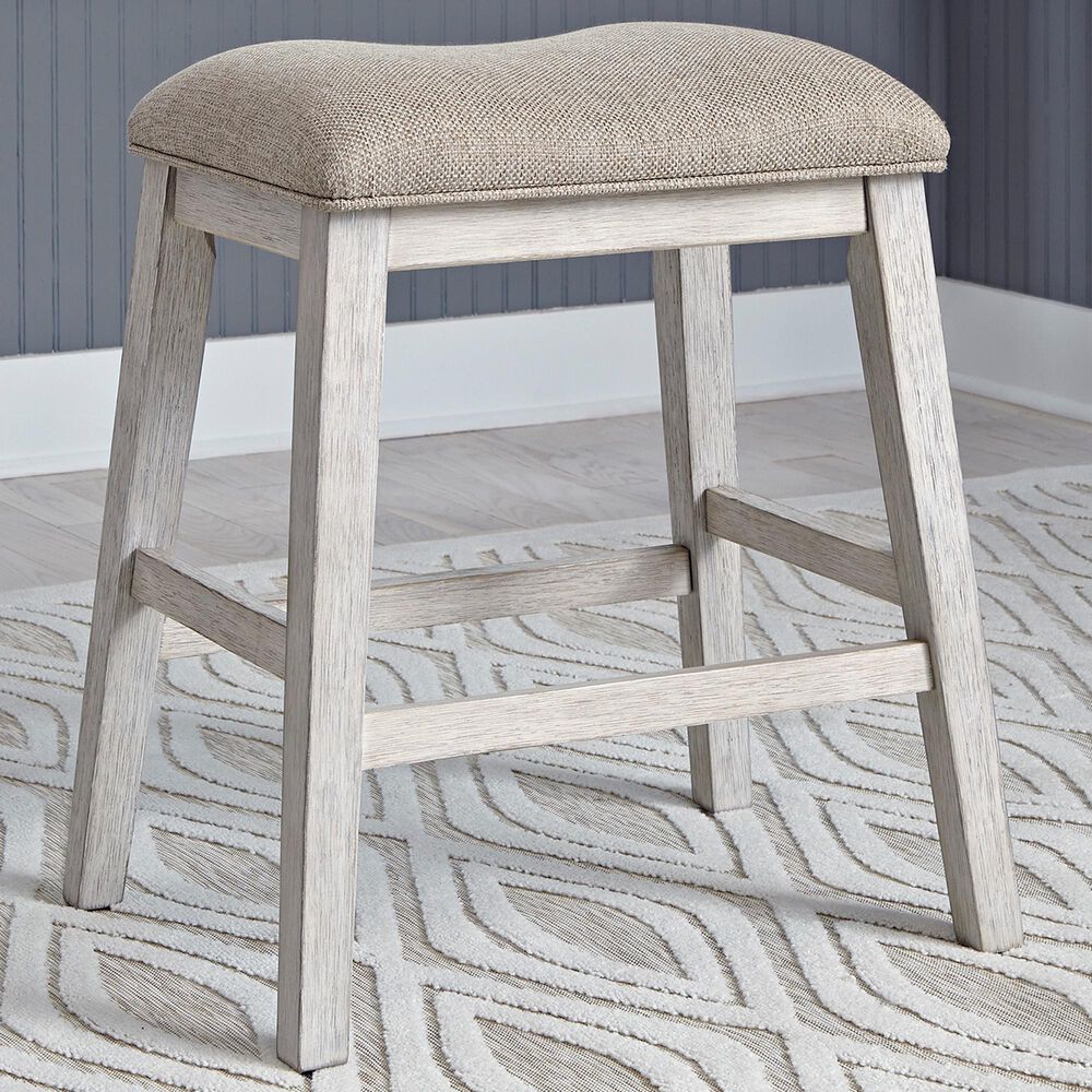Ashley Skempton Upholstered Counter Stool in Distressed White and Light Brown, , large