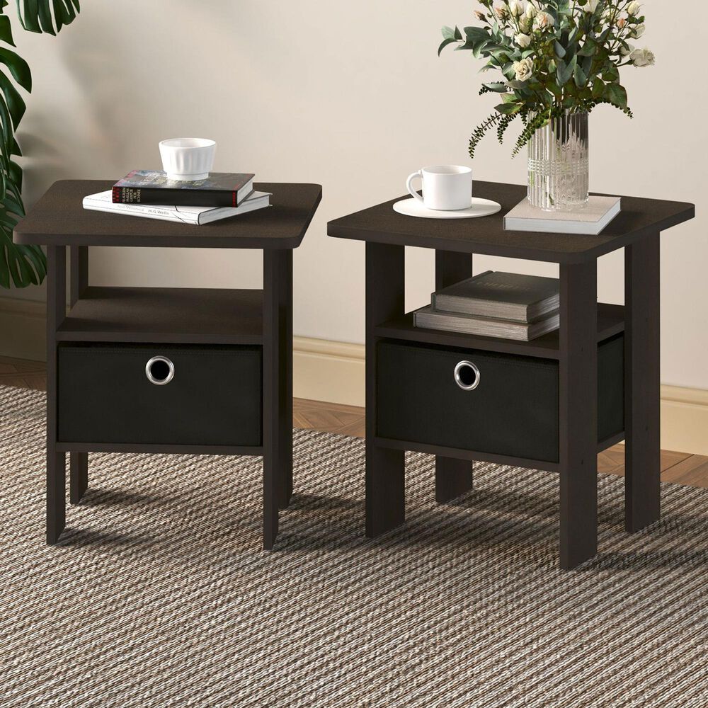 HOMLUX 2-Piece 1-Shelf End Table with Bin Drawer in Dark Brown, , large