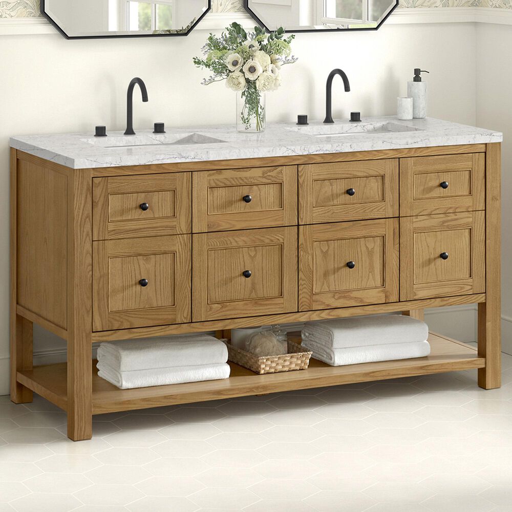 James Martin Vanities Breckenridge 60&quot; Double Bathroom Vanity in Light Natural Oak with 3 cm Eternal Jasmine Pearl Quartz Top and Rectangular Sinks, , large