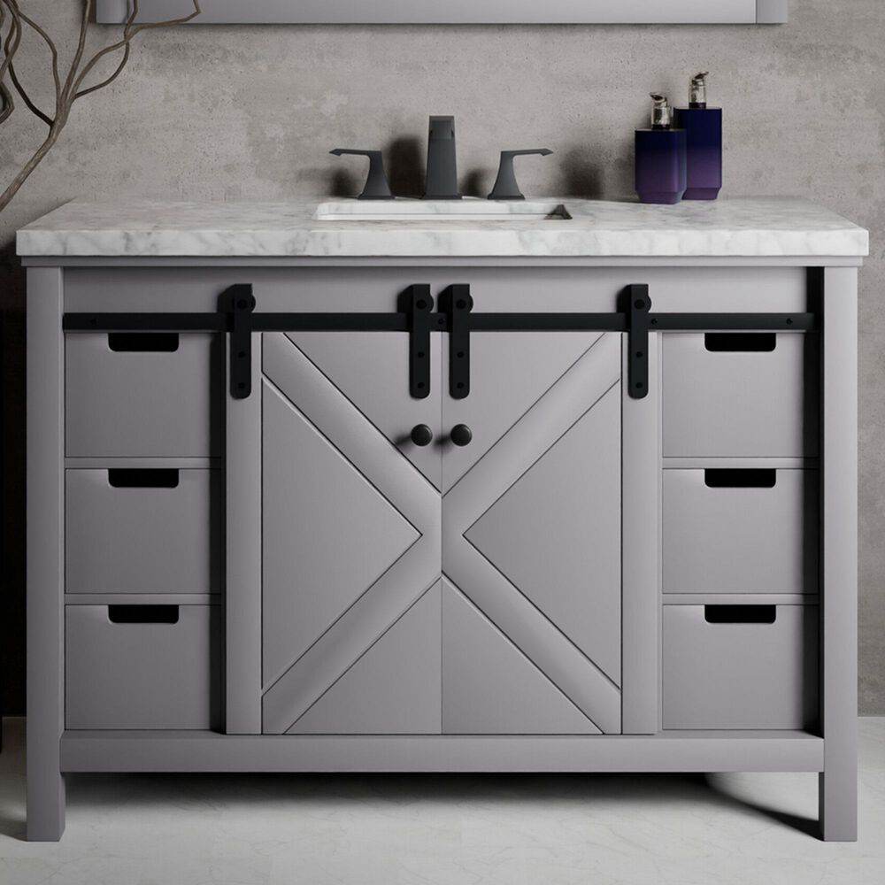Lexora Home Marsyas 48" Single Bathroom Vanity in Dark Grey with White Carrara Marble Top and Rectangular Sink, , large