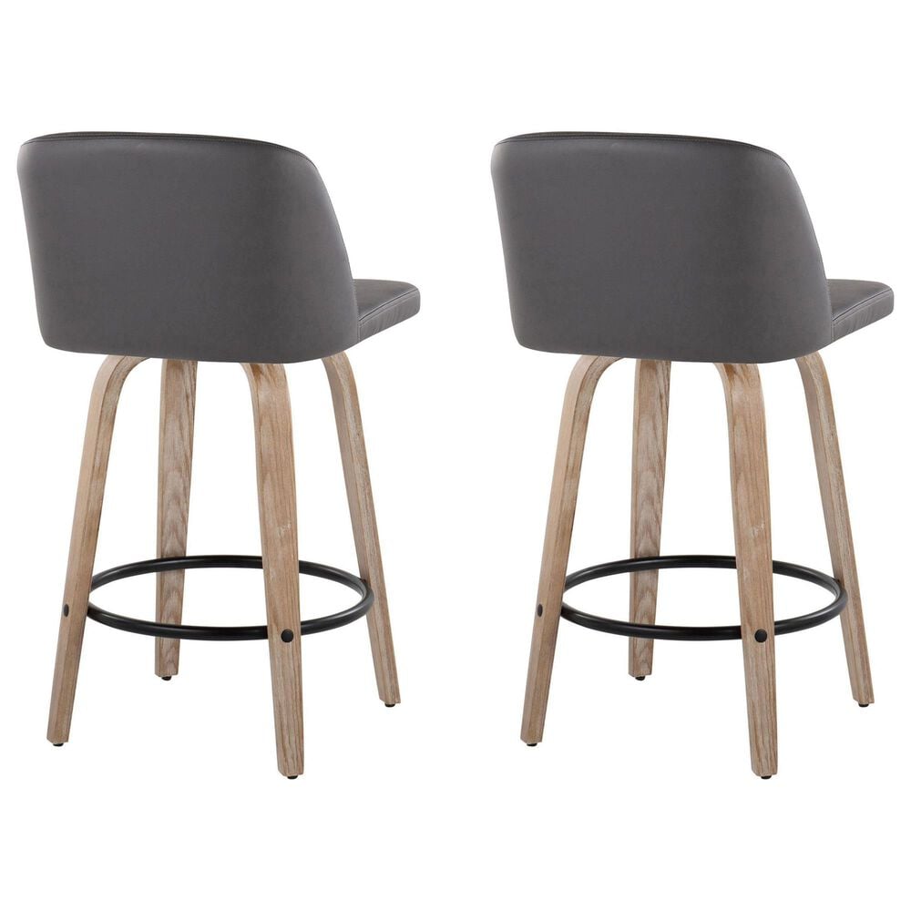 LumiSource Toriano Swivel Counter Stool with Grey Faux Leather Upholstery in Whitewashed and Black (Set of 2), , large