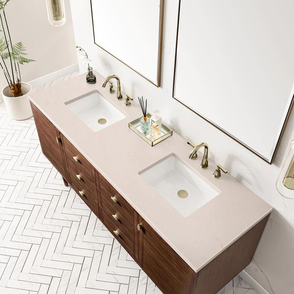 James Martin Vanities Amberly 72&quot; Double Bathroom Vanity in Walnut with 3 cm Carrara White Marble Top and Rectangular Sinks, , large