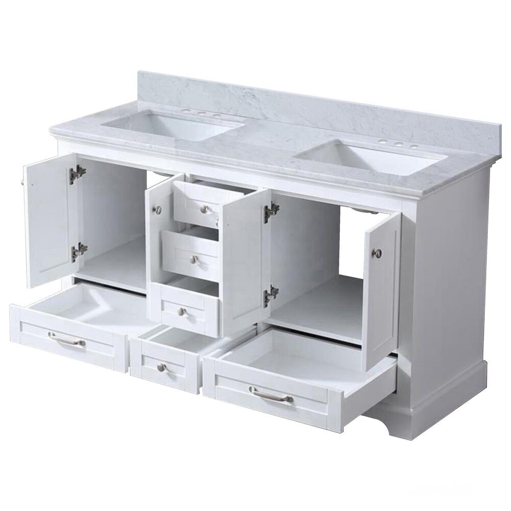 Lexora Home Dukes 60&quot; Double Bathroom Vanity in White with 2 cm White Carrara Marble Top and Rectangular Sinks, , large