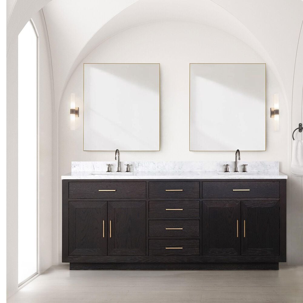 Lexora Home Abbey 80&quot; Double Bathroom Vanity in Black Oak with 2 cm White Carrara Marble Top and Rectangular Sinks, , large