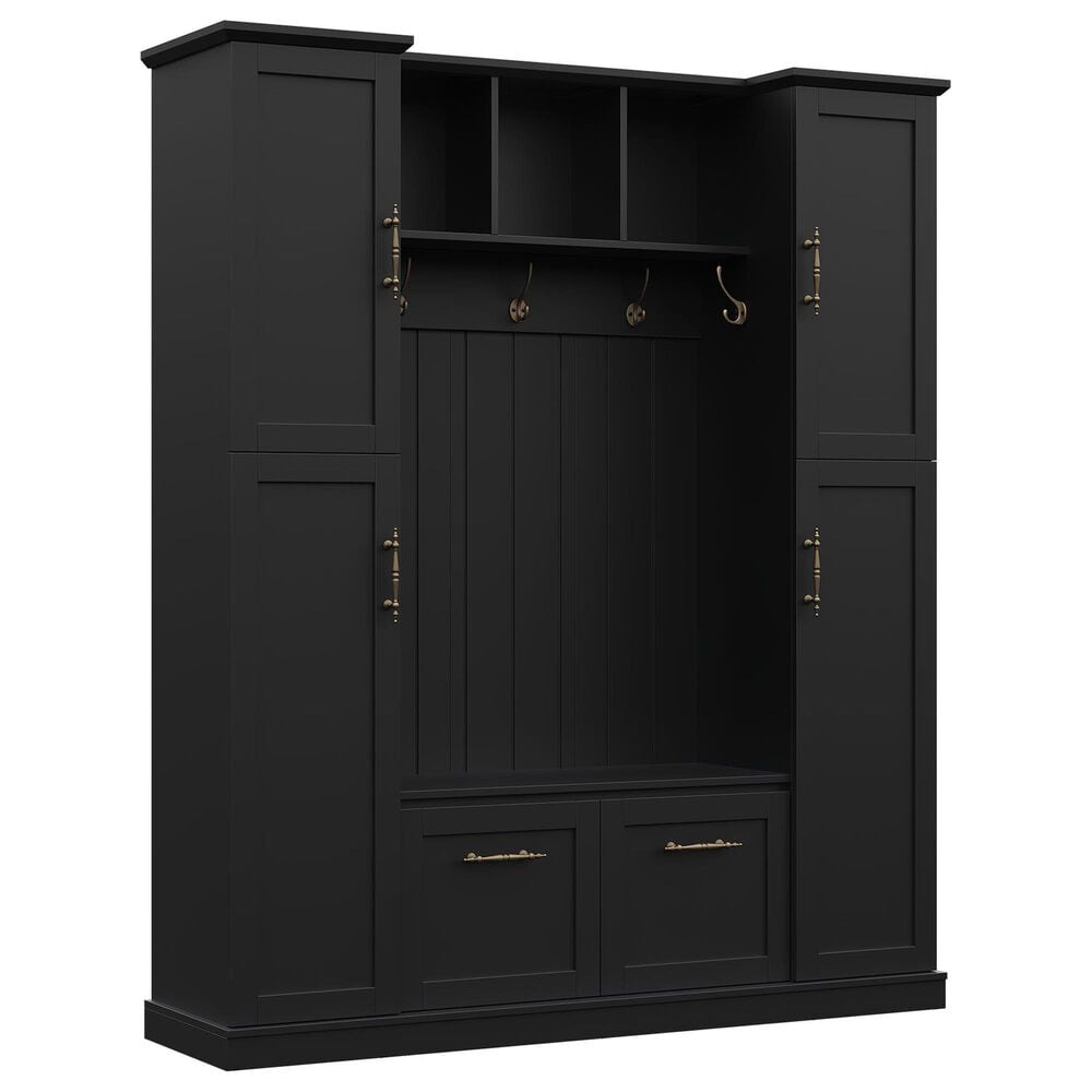HOMLUX 5-Hook Hall Tree with 4 Side Cabinets and Storage Bench in Black, , large