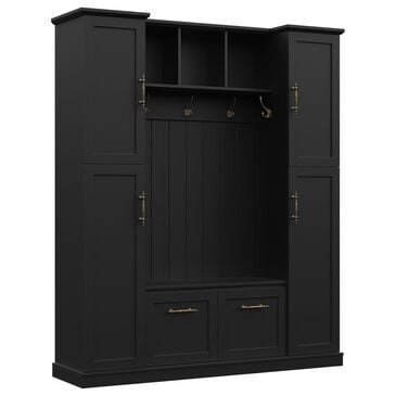 HOMLUX 5-Hook Hall Tree with 4 Side Cabinets and Storage Bench in Black, , large
