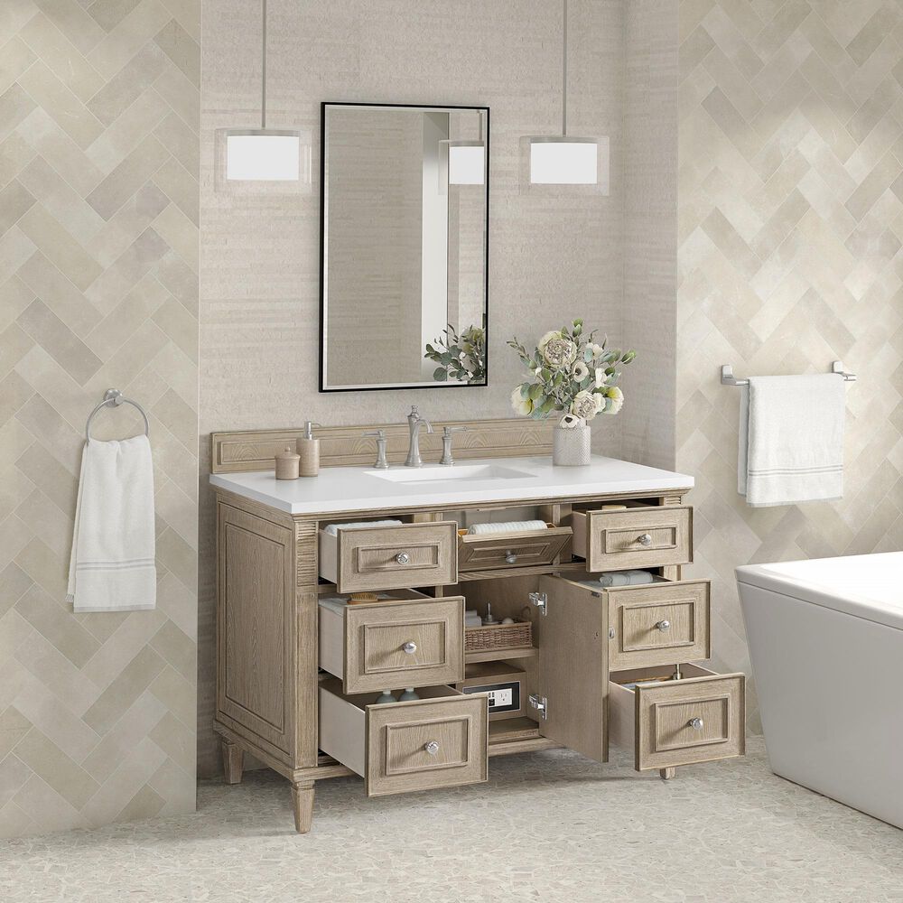 James Martin Vanities Lorelai 48&quot; Single Vanity in Whitewashed Oak with 3 cm White Zeus Quartz Top, , large