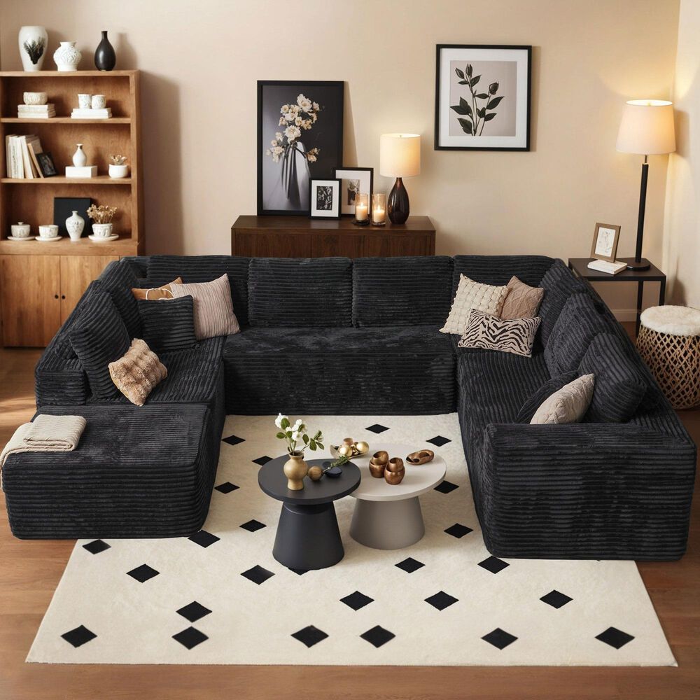 Noviland HOMLUX Modular Floor Sofa with Plush Corduroy, Big Comfy U-Shaped Sectional Couch in Black, , large