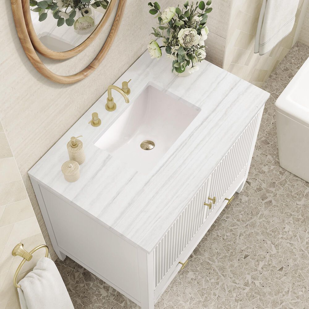 James Martin Vanities Myrrin 36&quot; Vanity in Bright White with 3 cm Arctic Fall Solid Surface Top, , large
