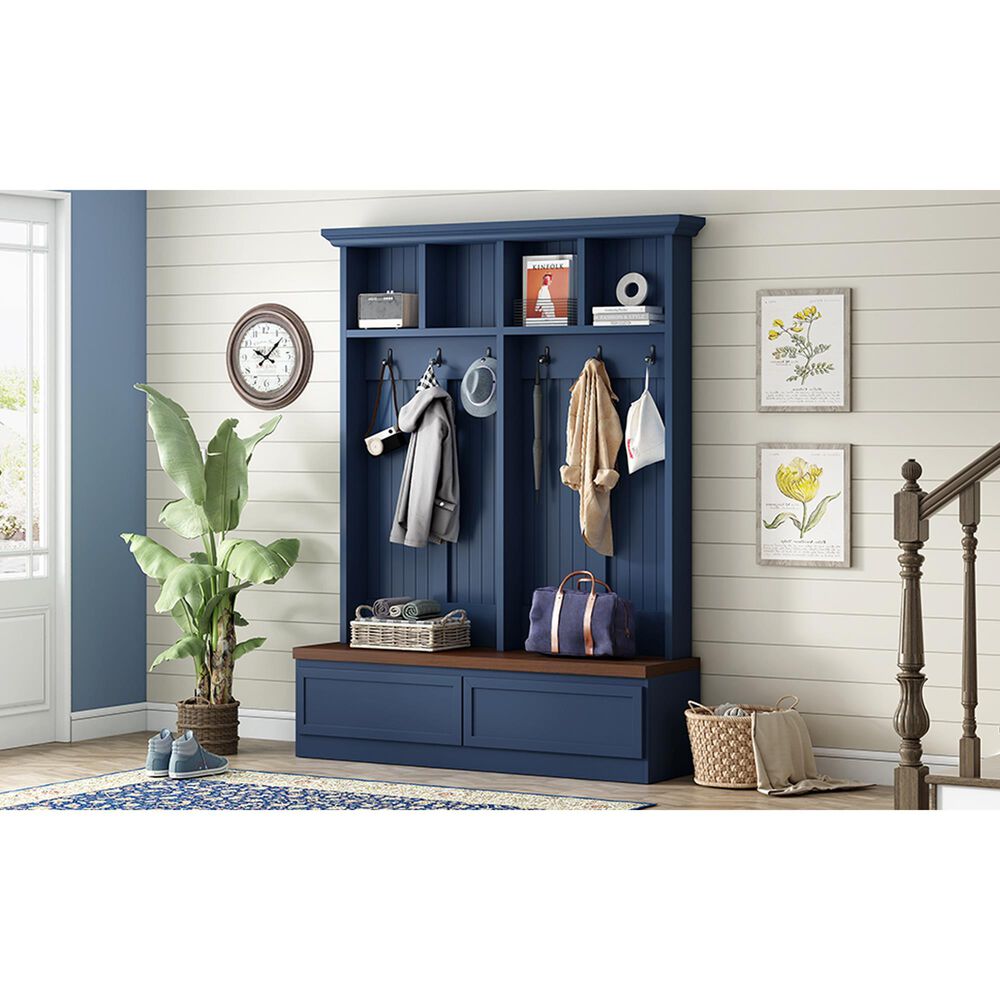 HOMLUX 6-Hook Hall Tree with Wood Grain Bench in Blue, , large