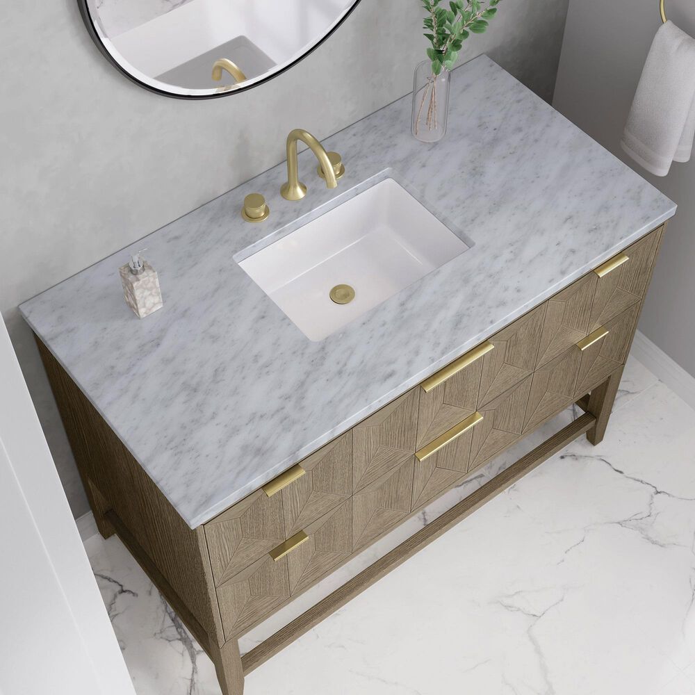 James Martin Vanities Emmeline 48&quot; Single Vanity in Pebble Oak with 3 CM Carrara White Marble Top, , large
