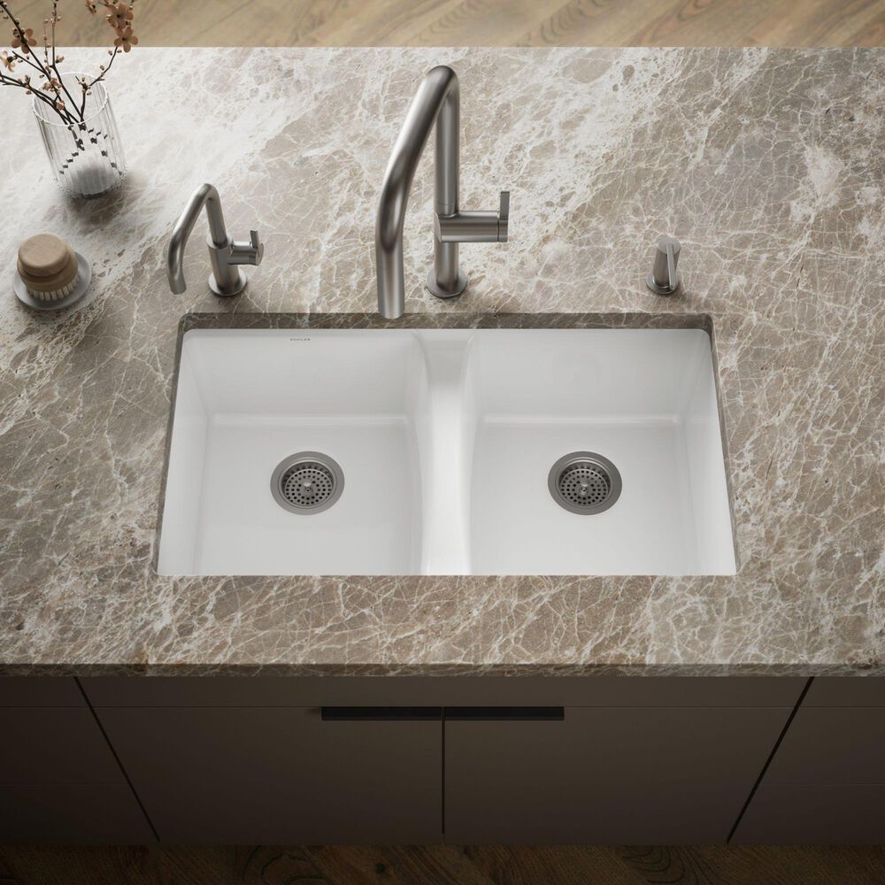 Kohler Deerfield 33" Undermount Double-Bowl Kitchen Sink in White, , large