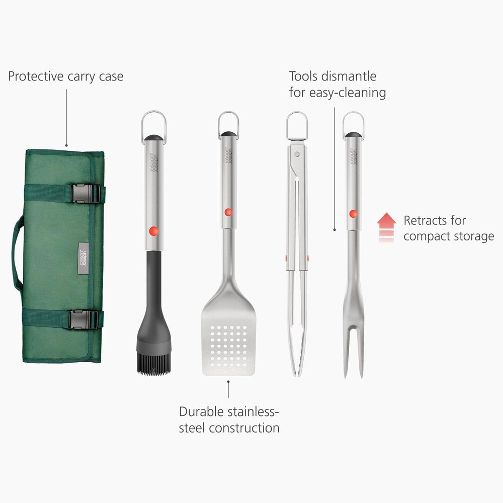 Joseph Joseph GrillOut 4-Piece BBQ Tool Set with Storage Case in Stainless Steel, , large