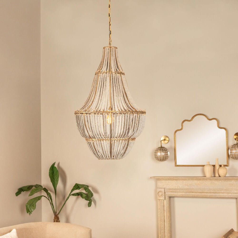 Creative Coop Laurel Draped Wood Bead Chandelier with Brushed Gold and Faded Blue Shade, , large