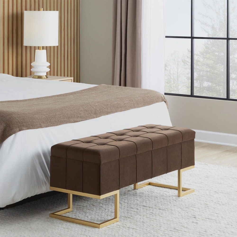 LumiSource Midas Storage Bench with Brown Velvet Cushion in Gold, , large