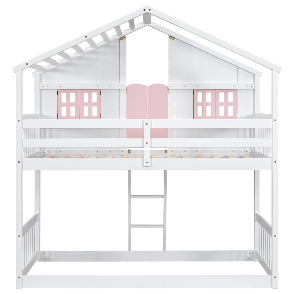 Hearth and Haven Twin over Twin House Bunk Bed with Roof in Pink and White, , large
