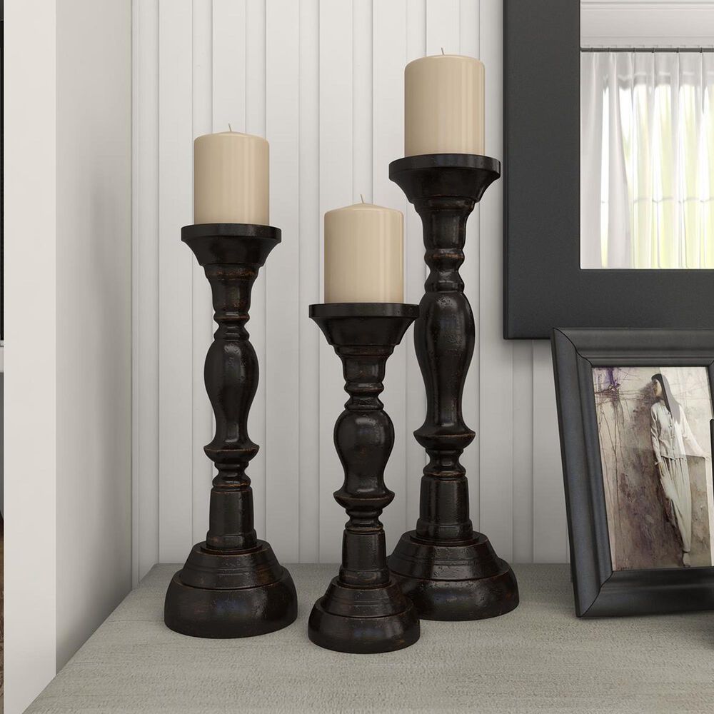 Maple and Jade Decorative Candle Holder in Black and Varnished Brown &#40;Set of 3&#41;, , large
