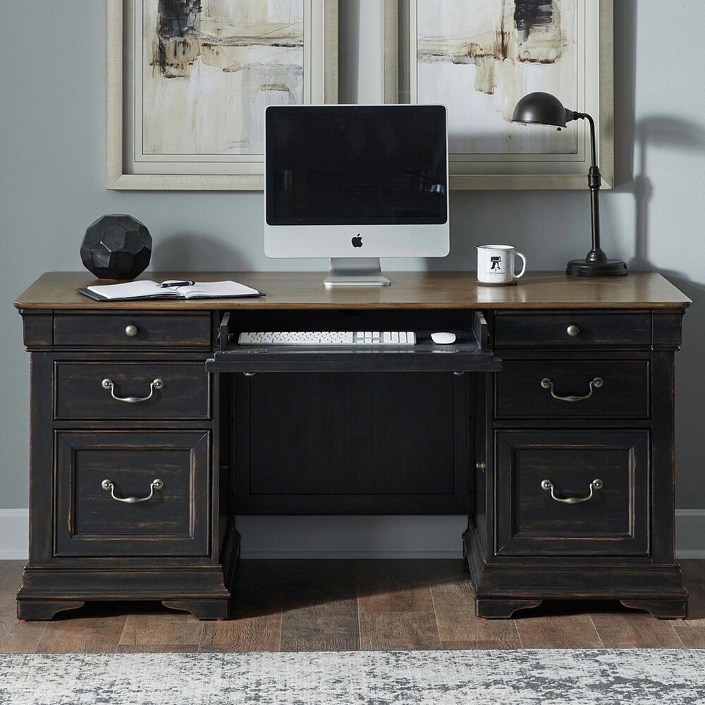 Liberty Furniture Meritage Junior Executive Desk in Aged Charcoal and Caramel, , large