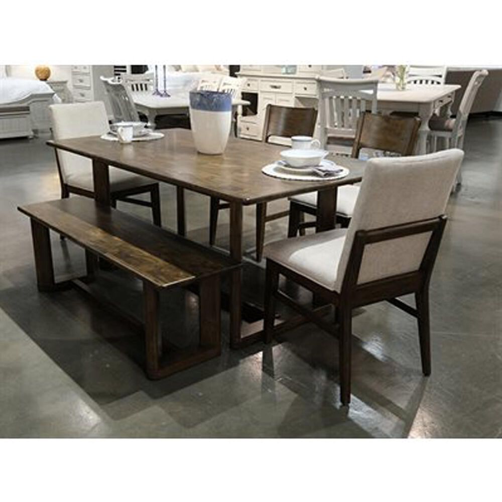 EMALD Ronan Trestle Dining Table with 6 Dining Chairs in Dark Brown Finish and Cream Upholstery, , large