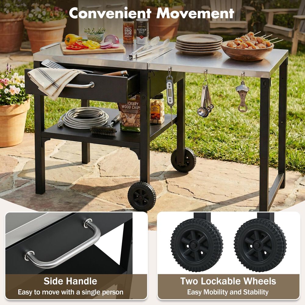 Hearth and Haven Outdoor Foldable Kitchen Cart with Side Table in Black, , large