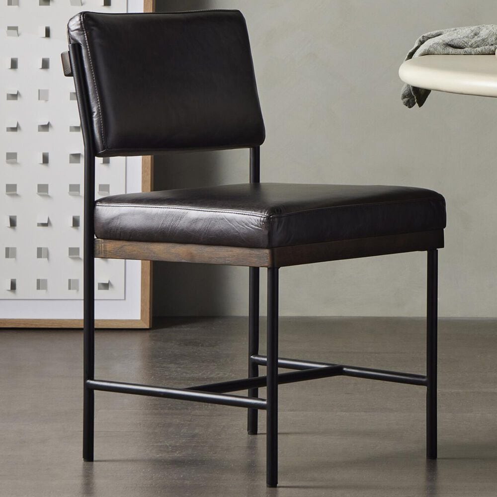 Four Hands Benton Dining Side Chair in Black Top Grain Leather and Burnt Oak, , large