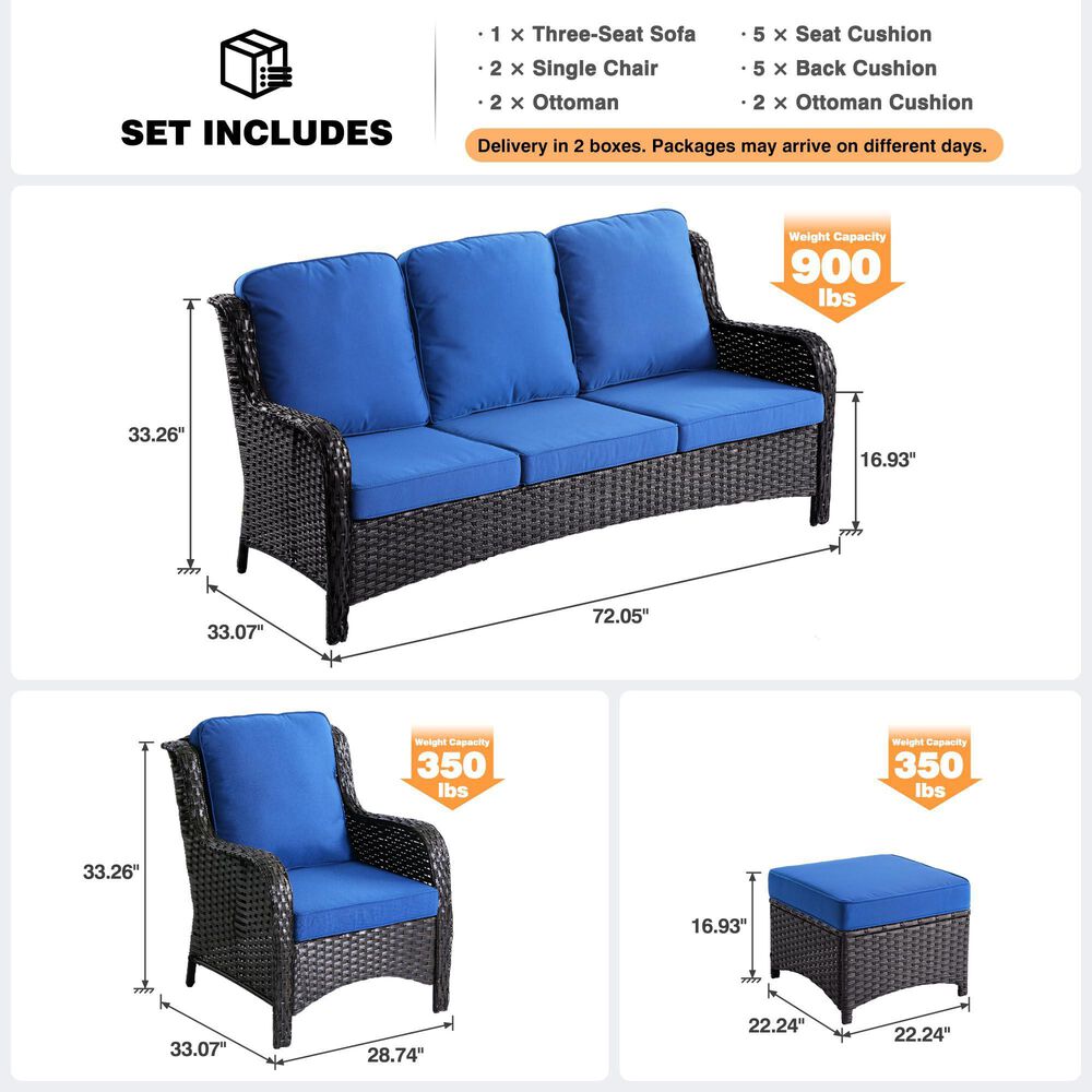 HOMLUX 5-Piece Patio Furniture Set with Chairs and Ottomans, High Back Outdoor Sofa Set, Brown Rattan in Denim Blue, , large