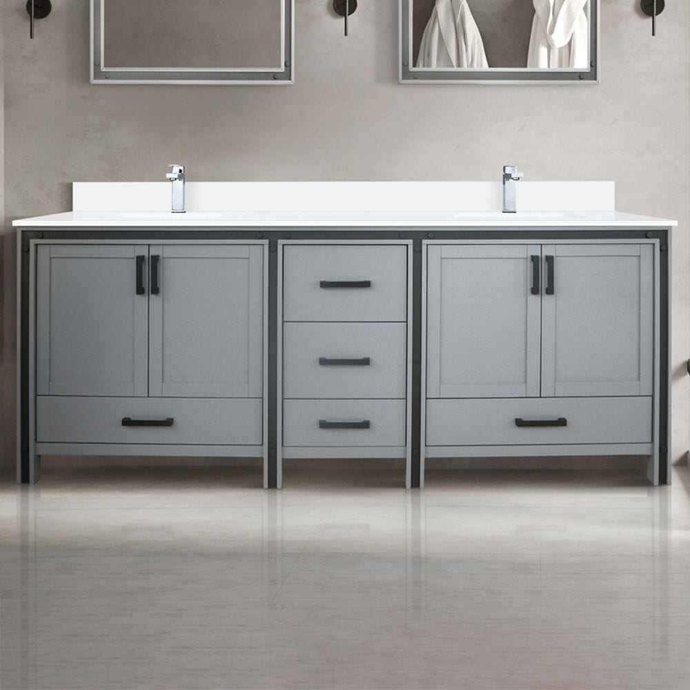 Lexora Home Ziva 80&quot; Double Bathroom Vanity in Dark Grey with 2 cm White Quartz Top and Rectangular Sinks, , large