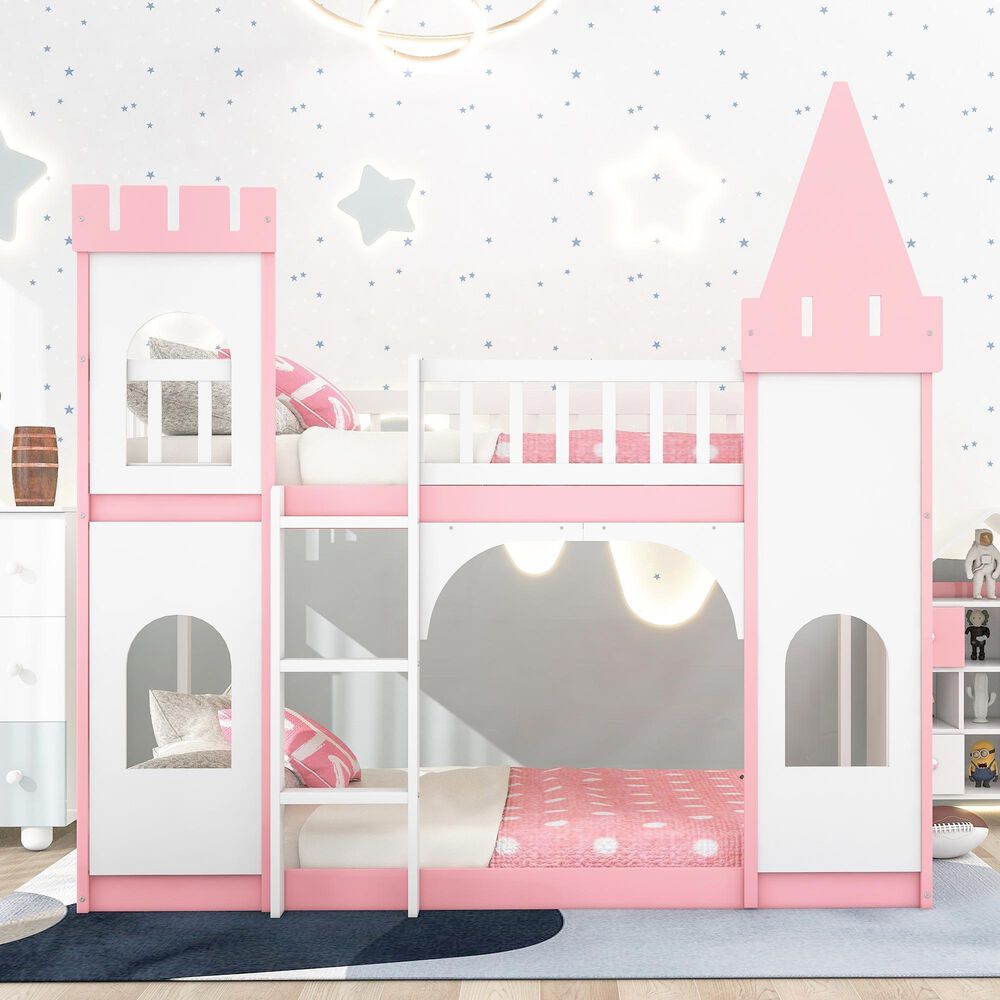 Hearth and Haven Twin over Twin Castle Bunk Bed in Pink, , large