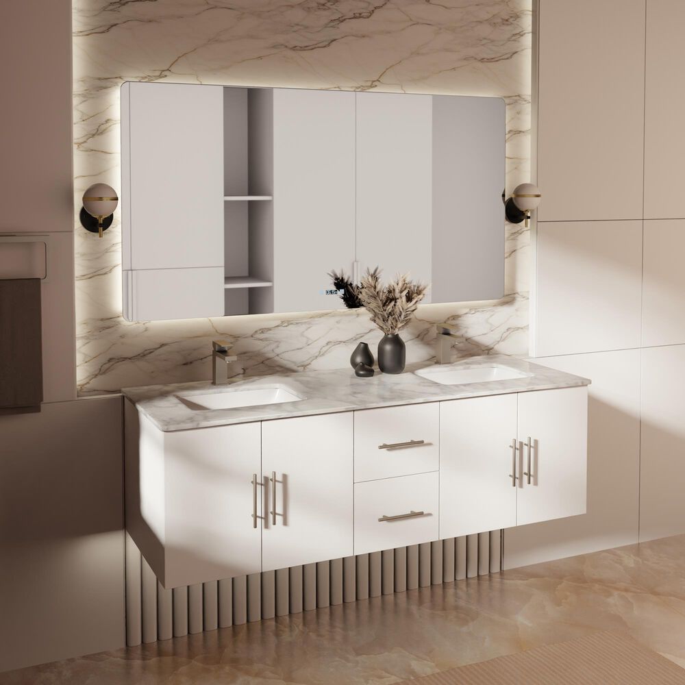 Lexora Home Geneva 60" Double Bathroom Vanity in Glossy White with 2 cm White Carrara Marble Top and Rectangular Sinks, , large