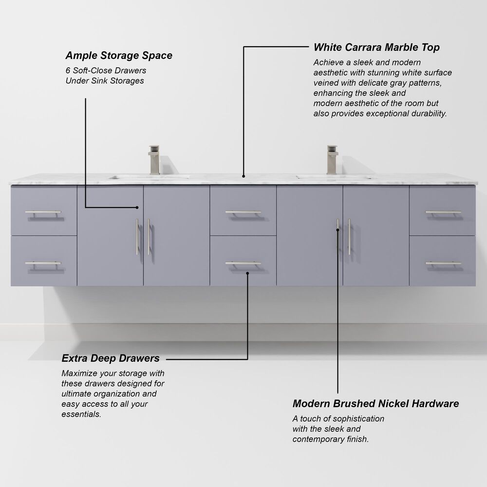 Lexora Home Geneva 84" Double Bathroom Vanity in Dark Grey with 2 cm White Carrara Marble Top and Rectangular Sinks, , large