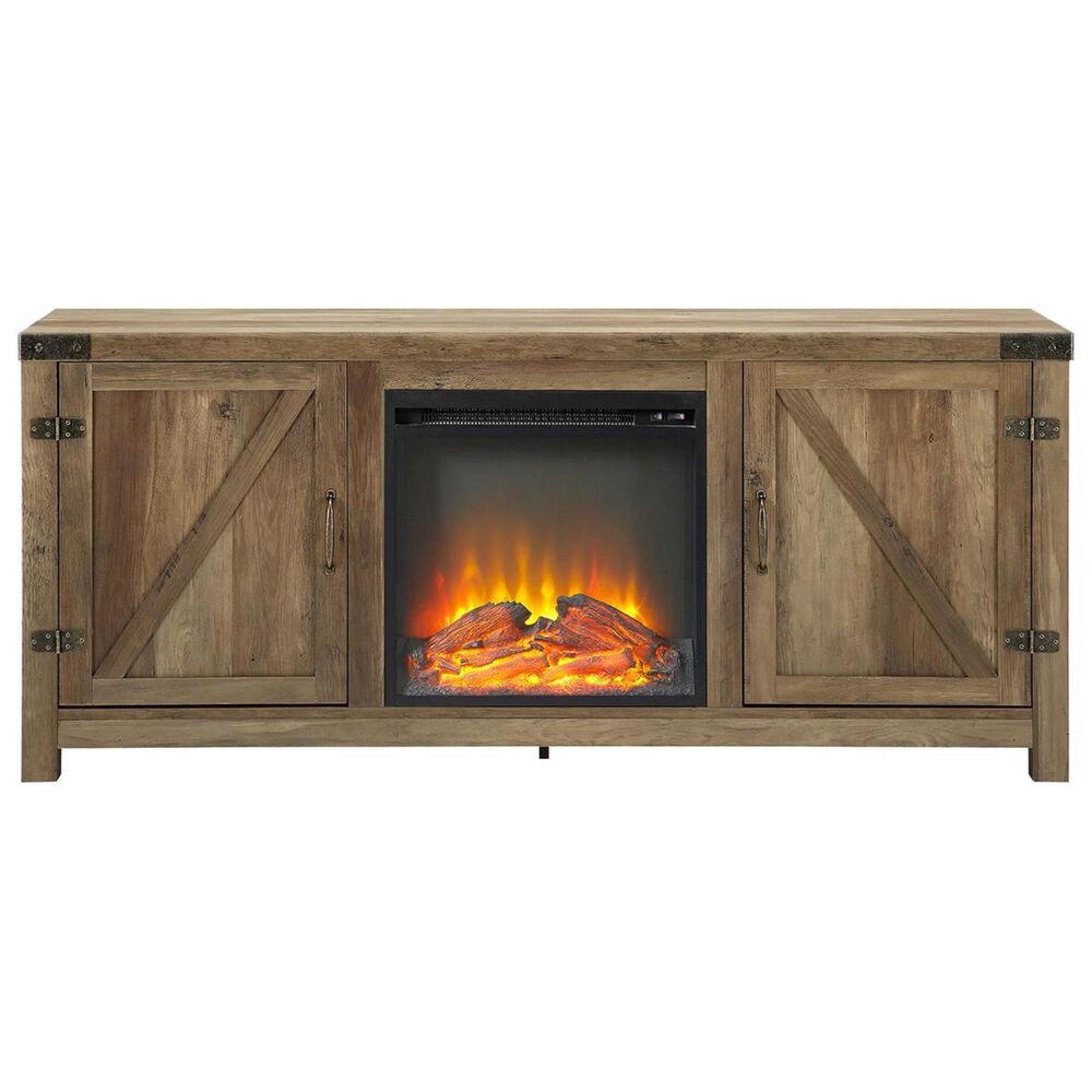 Walker Edison 58" Barn Door Fireplace Console in Rustic Oak, , large