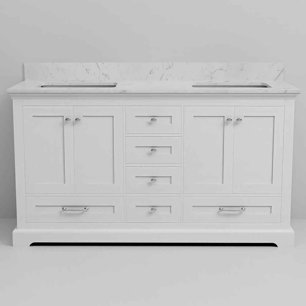 Lexora Home Dukes 60&quot; Double Bathroom Vanity in White with 2 cm White Carrara Marble Top and Rectangular Sinks, , large