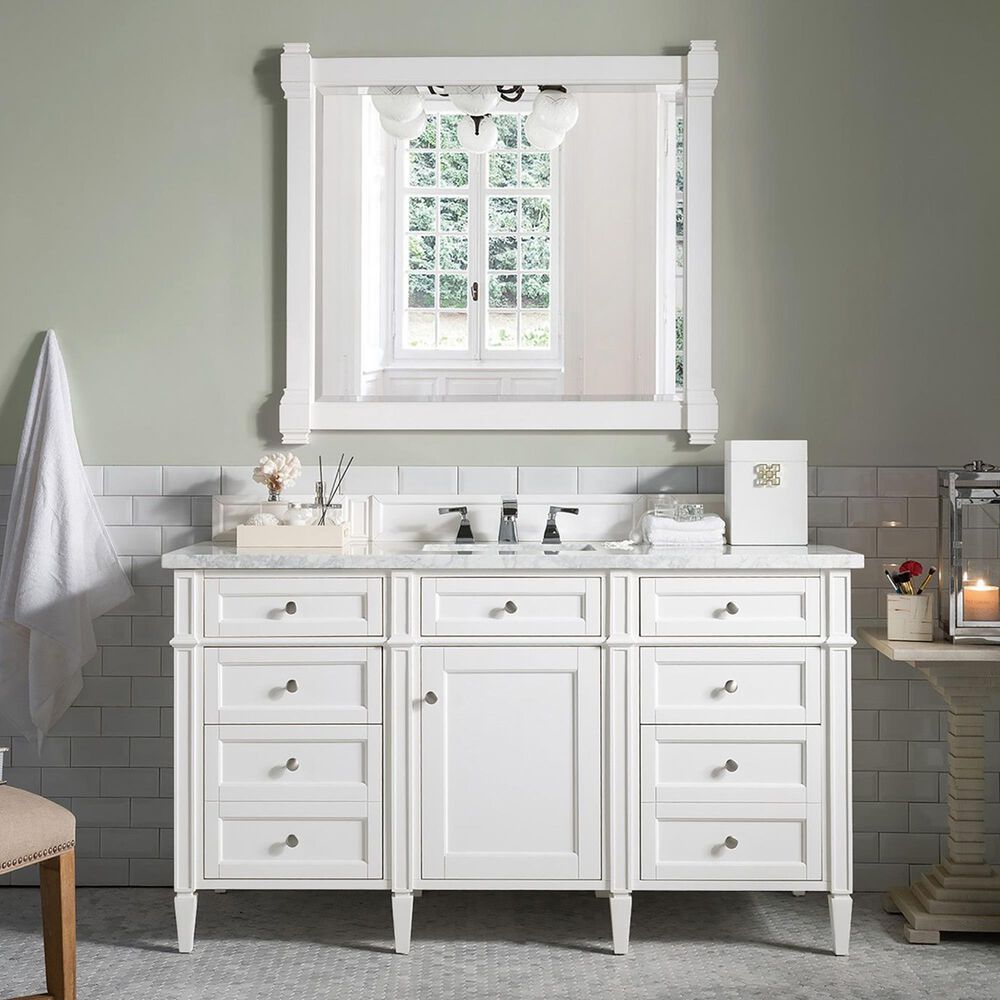 James Martin Vanities Brittany 60&quot; Single Bathroom Vanity in Bright White with 3 cm Carrara White Marble Top and Rectangular Sink, , large