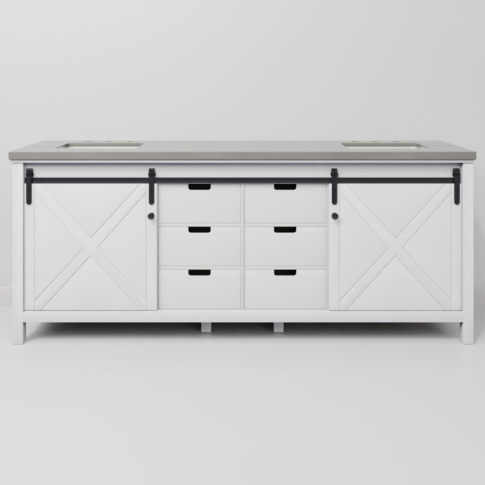 Lexora Home Marsyas 84" Double Bathroom Vanity in White with Grey Quartz Top and Rectangular Sinks, , large