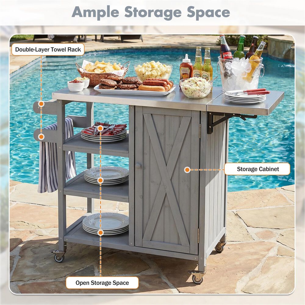 Hearth and Haven Outdoor Kitchen Island Cart with Stainless Steel Top and Lockable Wheels in Gray, , large