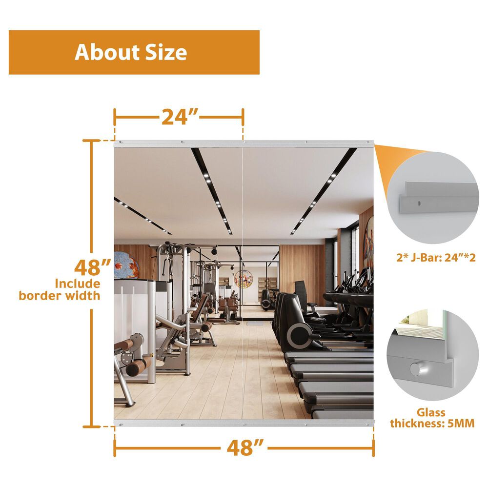 HOMLUX 48" x 24" Frameless Full Length Wall Mounted Fitness Mirror in Silver (Set of 2), , large