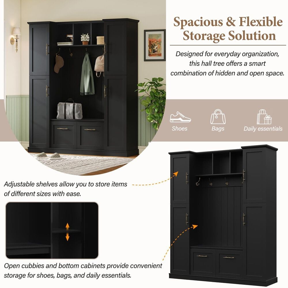 HOMLUX 5-Hook Hall Tree with 4 Side Cabinets and Storage Bench in Black, , large