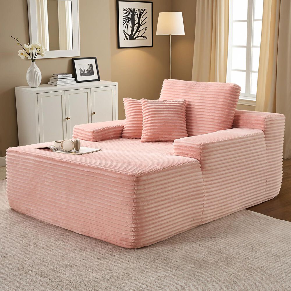 HOMLUX Cloud Faux Fur Chaise Lounge with Plush Pillows in Pink, , large