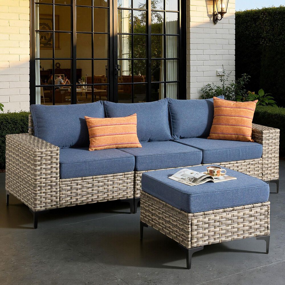 HOMLUX 4-Piece Patio Modular Sofa and Ottoman Set in Denim Blue, , large