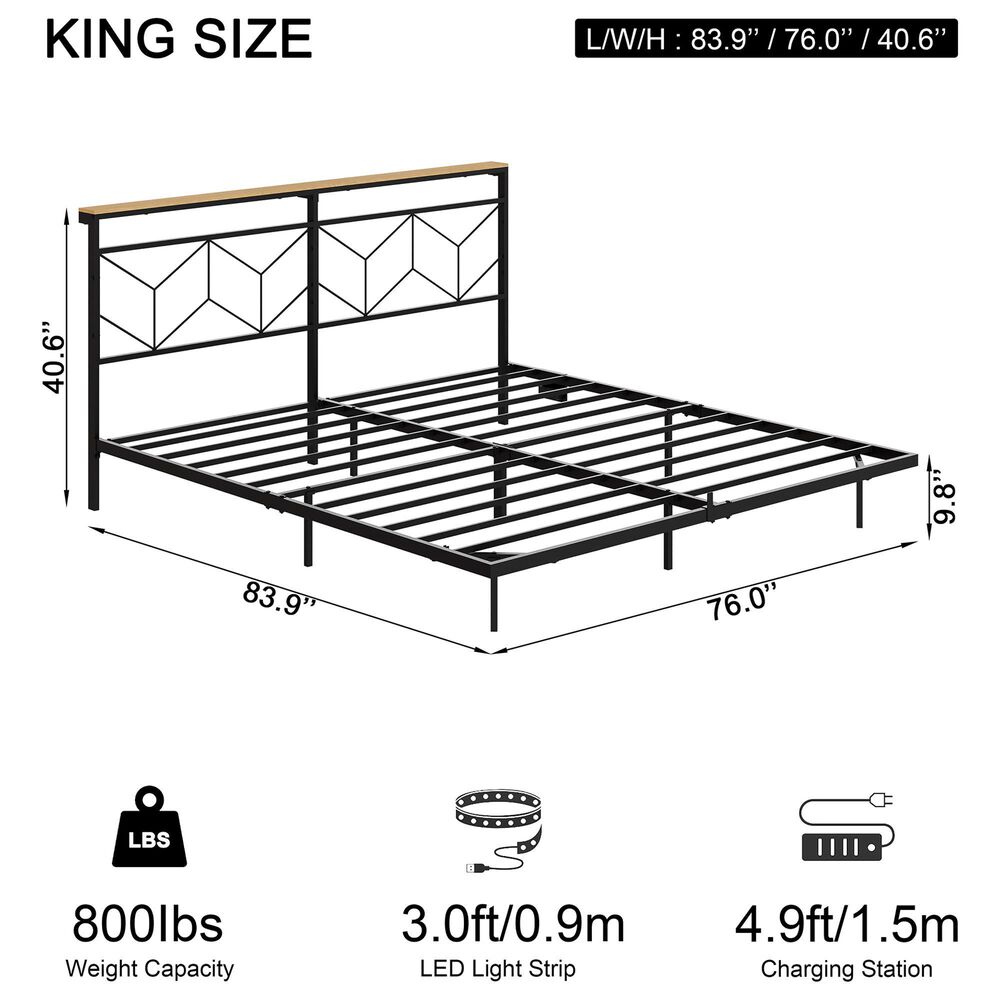 HOMLUX King Floating Bed Frame with LED Headboard and Charging Station in Black, , large
