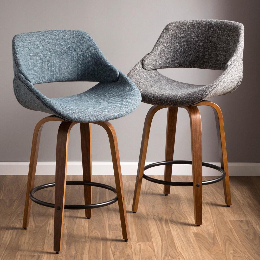 LumiSource Fabrico 26" Swivel Fixed-Height Counter Stool with Charcoal Fabric Upholstery in Black and Walnut (Set of 2), , large