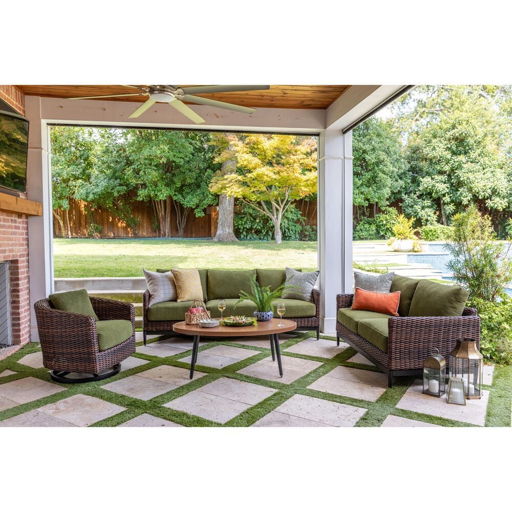 Ashley Horizon Hall Outdoor Loveseat with Green Cushion in Brown, , large