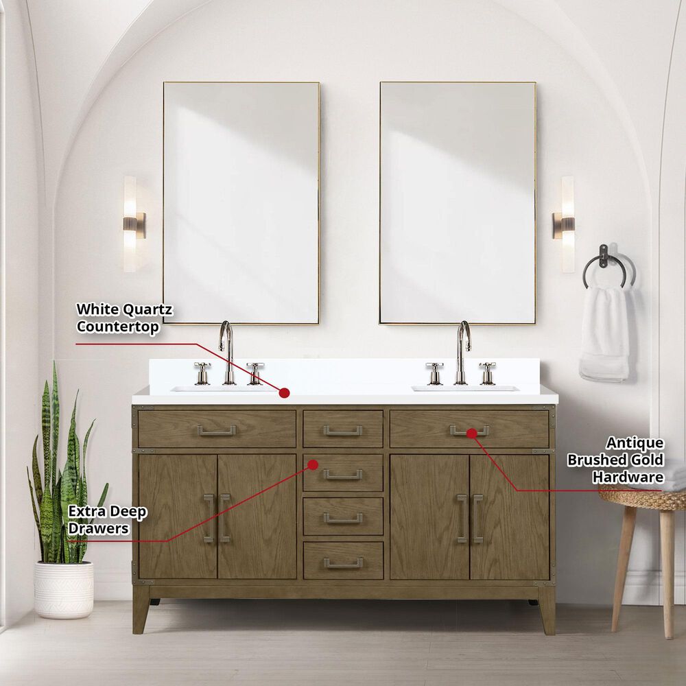 Lexora Home Laurel 60&quot; Double Bathroom Vanity in Grey Oak with White Quartz Top and Rectangular Sinks, , large