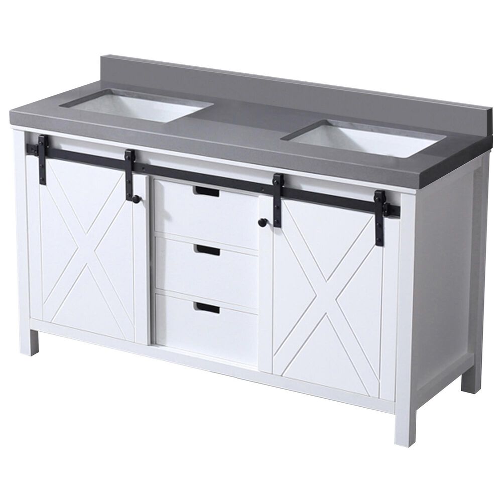 Lexora Home Marsyas 60&quot; Double Bathroom Vanity in White with Grey Quartz Top and Rectangular Sinks, , large