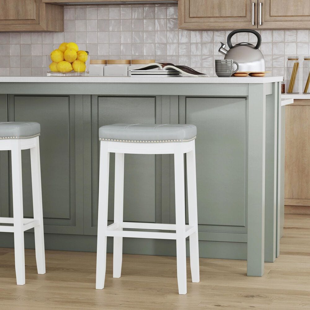 Linon Home Decor Claridge Bar Stool with Light Grey Cushion in White, , large